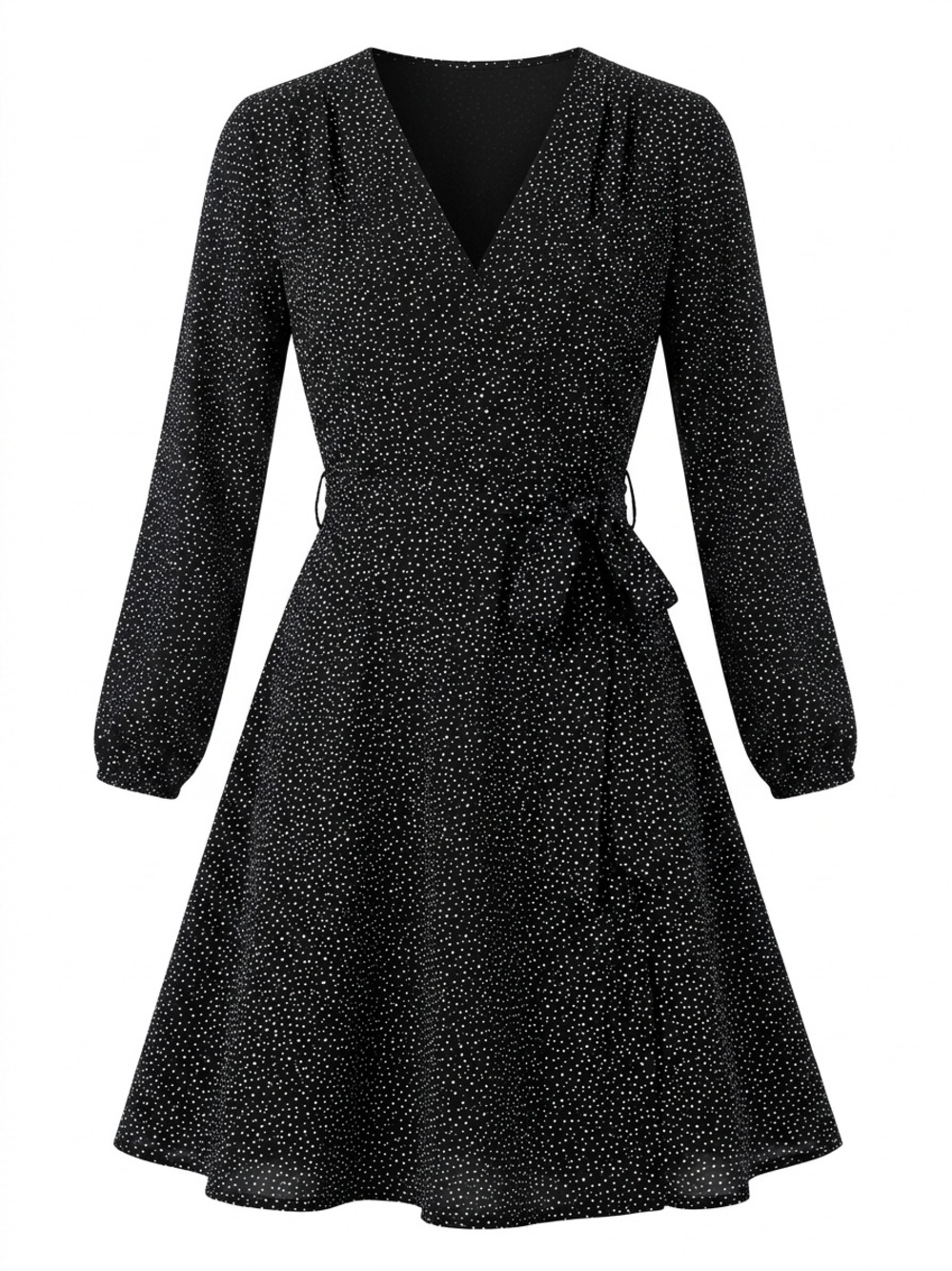 Women's dark Navy Blue Polka Dot Wrap Dress with Tie Waist